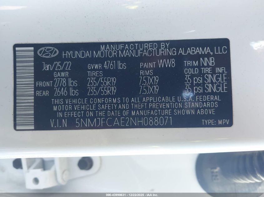 2022 Hyundai Tucson Sel VIN: 5NMJFCAE2NH088071 Lot: 43990631