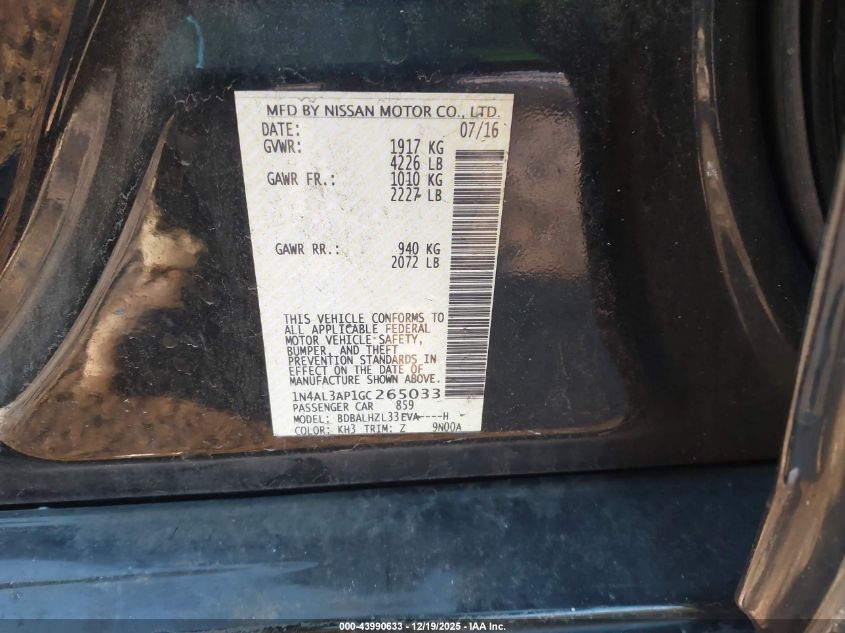 2016 Nissan Altima 2.5 Sr VIN: 1N4AL3AP1GC265033 Lot: 43990633