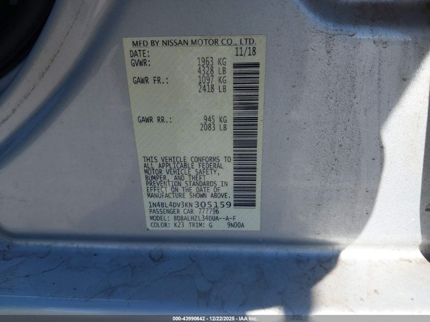 2019 Nissan Altima 2.5 Sv VIN: 1N4BL4DV3KN305159 Lot: 43990642