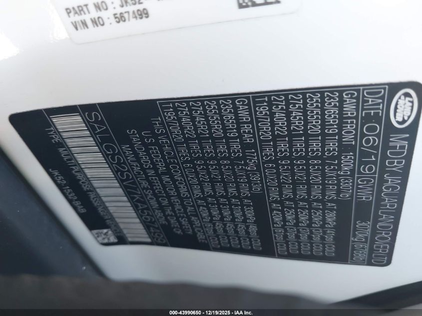 2019 Land Rover Range Rover 3.0L V6 Supercharged Hse VIN: SALGS2SV7KA567499 Lot: 43990650