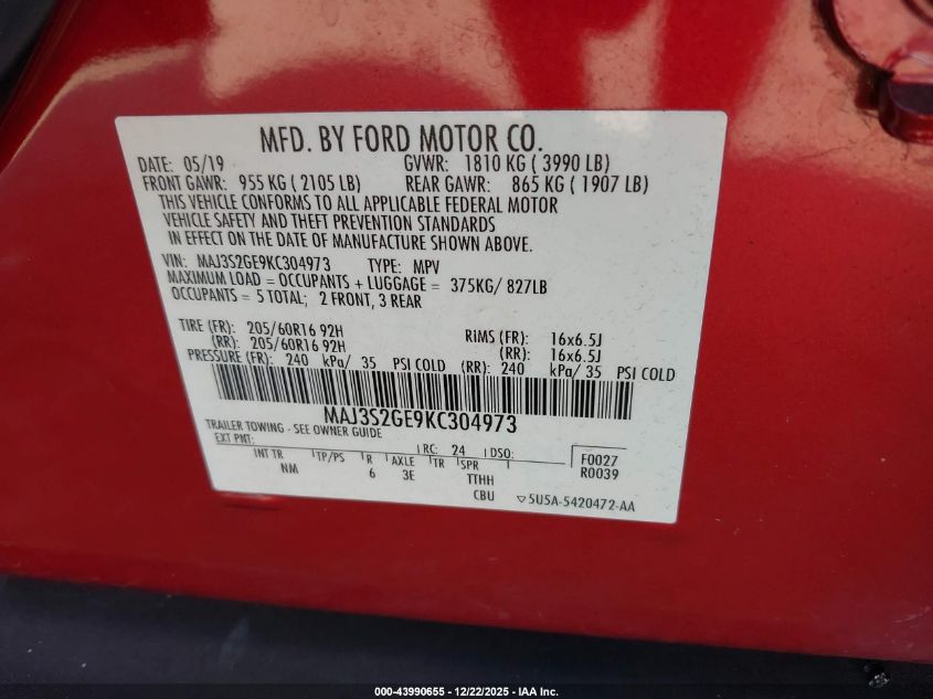 2019 Ford Ecosport Se VIN: MAJ3S2GE9KC304973 Lot: 43990655