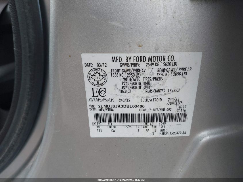 2013 Lincoln Mkx VIN: 2LMDJ8JK3DBL00486 Lot: 43990657