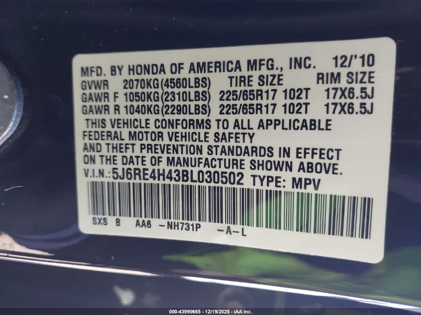 2011 Honda Cr-V Se VIN: 5J6RE4H43BL030502 Lot: 43990665