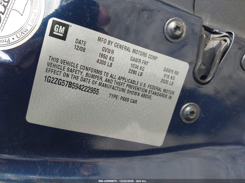 2009 Pontiac G6 VIN: 1G2ZG57B594222955 Lot: 43990670