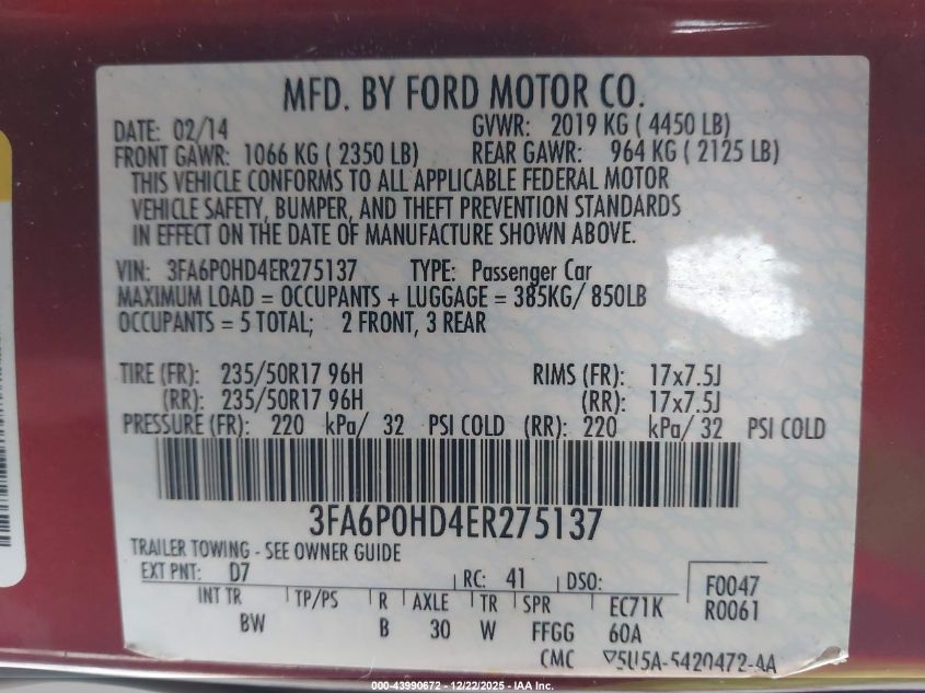 2014 Ford Fusion Se VIN: 3FA6P0HD4ER275137 Lot: 43990672