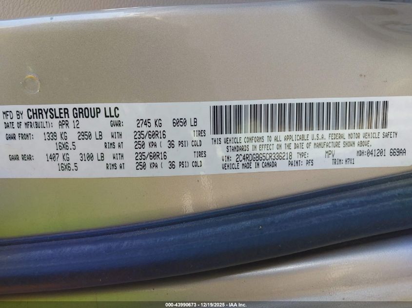 2012 Dodge Grand Caravan Se/Avp VIN: 2C4RDGBG5CR336218 Lot: 43990673