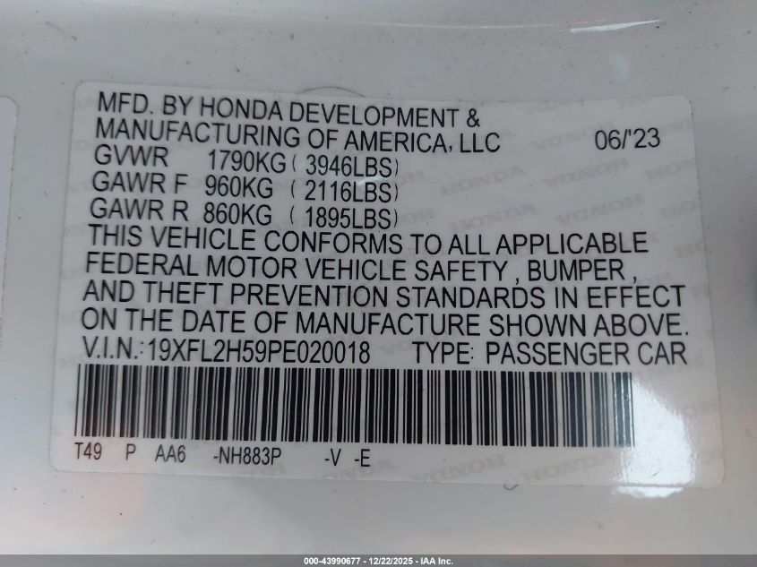 2023 Honda Civic Lx VIN: 19XFL2H59PE020018 Lot: 43990677