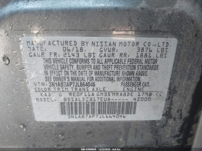 2018 Nissan Sentra Sv VIN: 3N1AB7AP7JL664046 Lot: 43990685