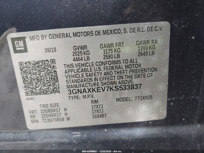 2019 Chevrolet Equinox Lt VIN: 3GNAXKEV7KS533837 Lot: 43990687