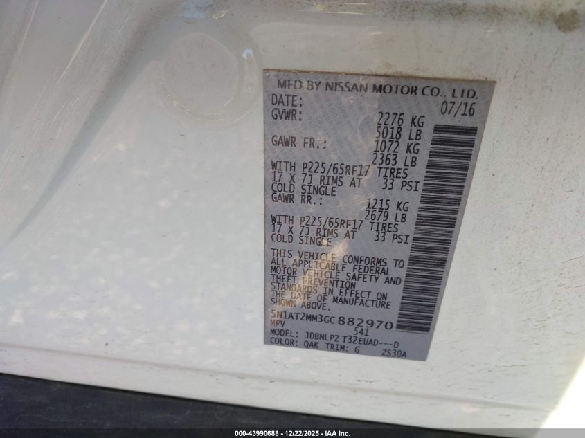 2016 Nissan Rogue S VIN: 5N1AT2MM3GC882970 Lot: 43990688