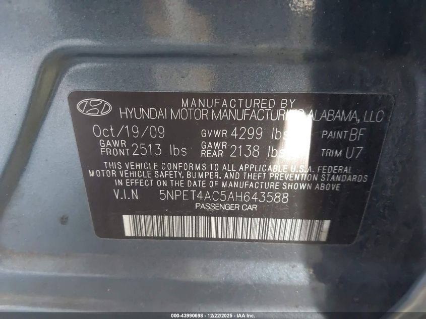 2010 Hyundai Sonata Gls VIN: 5NPET4AC5AH643588 Lot: 43990698