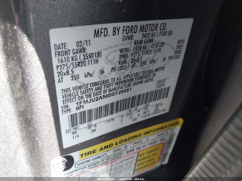 2011 Ford Expedition Limited VIN: 1FMJU2A56BEF28951 Lot: 43990701