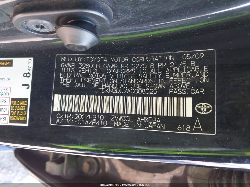 2010 Toyota Prius Ii VIN: JTDKN3DU7A0008025 Lot: 43990702