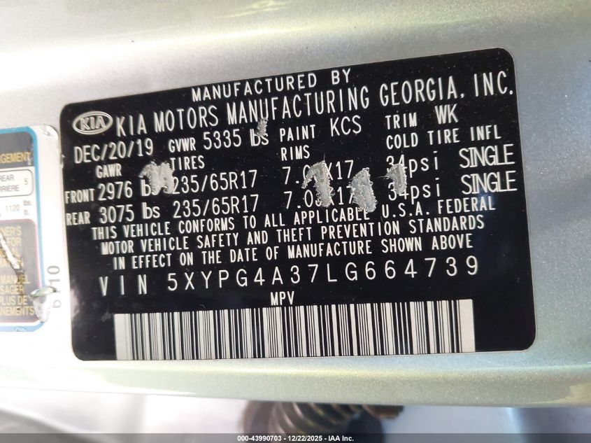 2020 Kia Sorento 2.4L L VIN: 5XYPG4A37LG664739 Lot: 43990703
