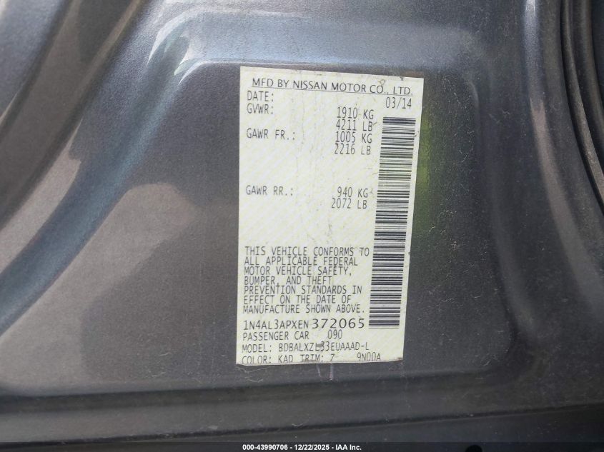 2014 Nissan Altima 2.5 Sl VIN: 1N4AL3APXEN372065 Lot: 43990706