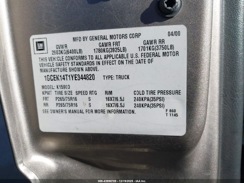 2000 Chevrolet Silverado 1500 Ls VIN: 1GCEK14T1YE344820 Lot: 43990709