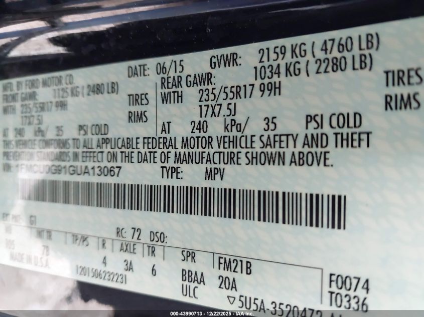 2016 Ford Escape Se VIN: 1FMCU0G91GUA13067 Lot: 43990713