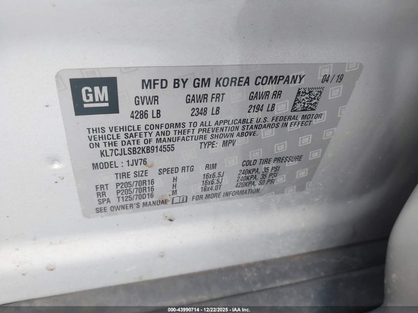 2019 Chevrolet Trax Lt VIN: KL7CJLSB2KB914555 Lot: 43990714