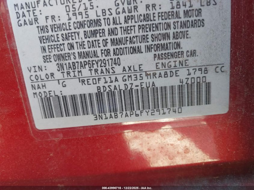 2015 Nissan Sentra Sv VIN: 3N1AB7AP6FY291740 Lot: 43990716