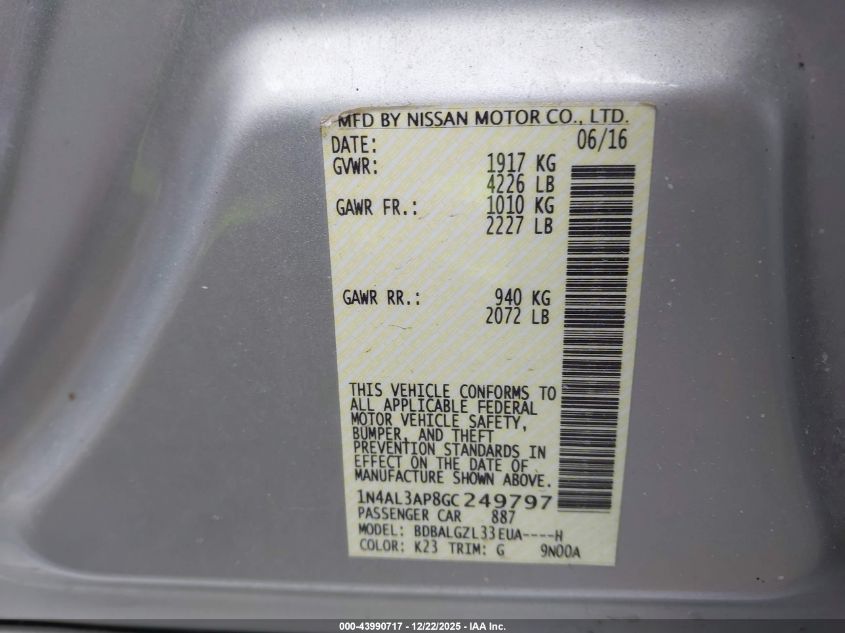 2016 Nissan Altima 2.5 S VIN: 1N4AL3AP8GC249797 Lot: 43990717