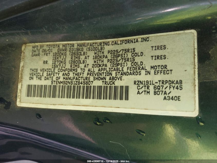 2001 Toyota Tacoma Prerunner VIN: 5TENM92N51Z845807 Lot: 43990718