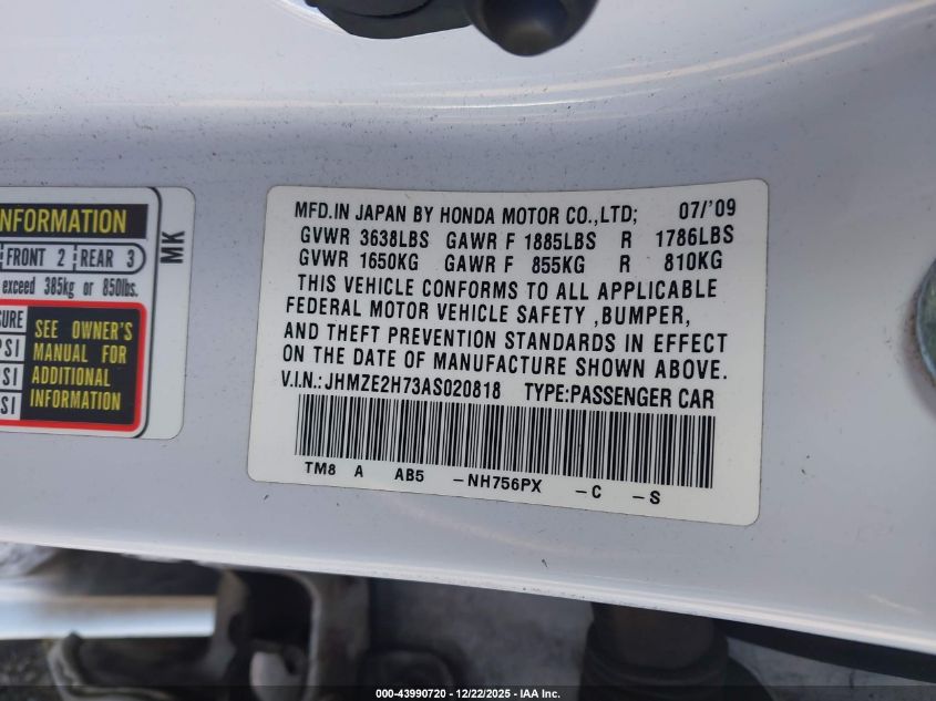 2010 Honda Insight Ex VIN: JHMZE2H73AS020818 Lot: 43990720