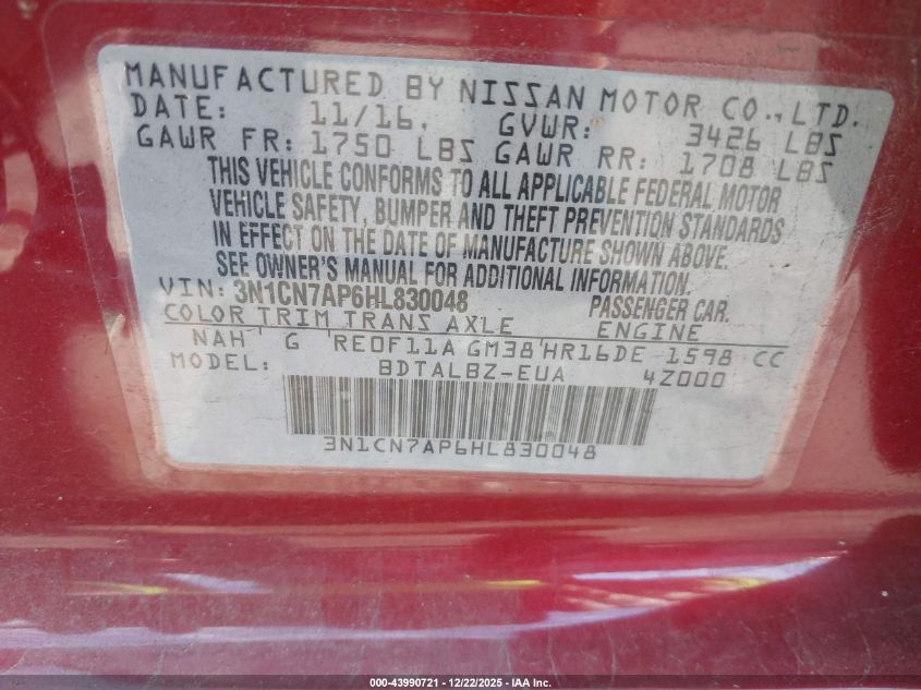 2017 Nissan Versa 1.6 Sv VIN: 3N1CN7AP6HL830048 Lot: 43990721