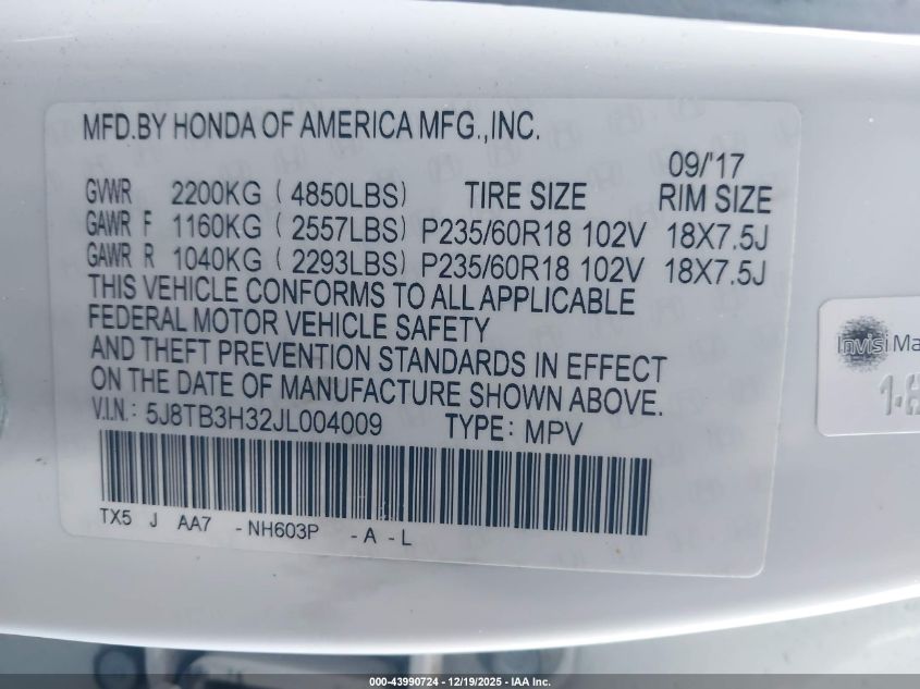 2018 Acura Rdx Acurawatch Plus Package VIN: 5J8TB3H32JL004009 Lot: 43990724