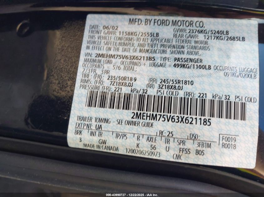 2003 Mercury Marauder VIN: 2MEHM75V63X621185 Lot: 43990727