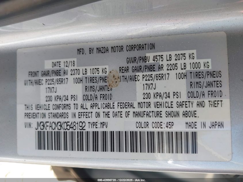 2019 Mazda Cx-5 Touring VIN: JM3KFACM3K0548192 Lot: 43990739