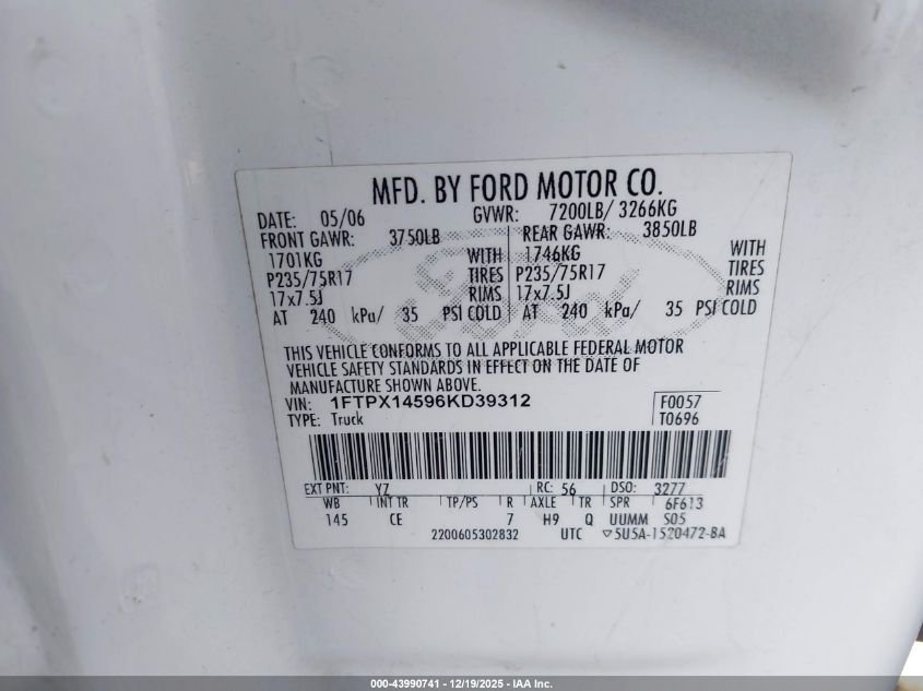 2006 Ford F-150 Fx4/Lariat/Xl/Xlt VIN: 1FTPX14596KD39312 Lot: 43990741