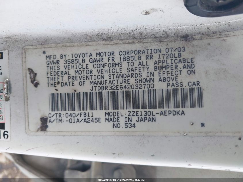 2004 Toyota Corolla Ce VIN: JTDBR32E642032700 Lot: 43990743