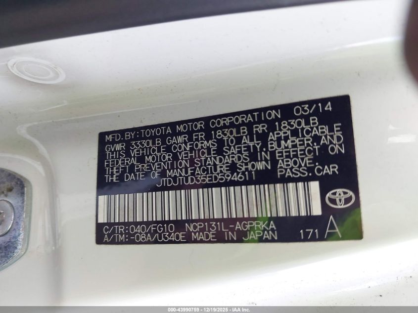 2014 Toyota Yaris L (Tmc/Cbu Plant) VIN: JTDJTUD35ED594611 Lot: 43990759