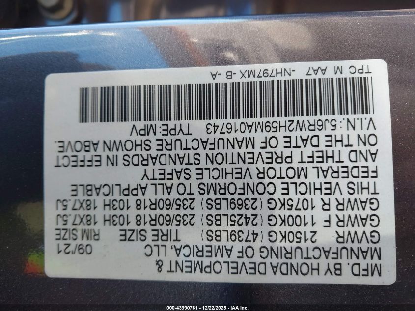 2021 Honda Cr-V Awd Ex VIN: 5J6RW2H59MA016743 Lot: 43990761
