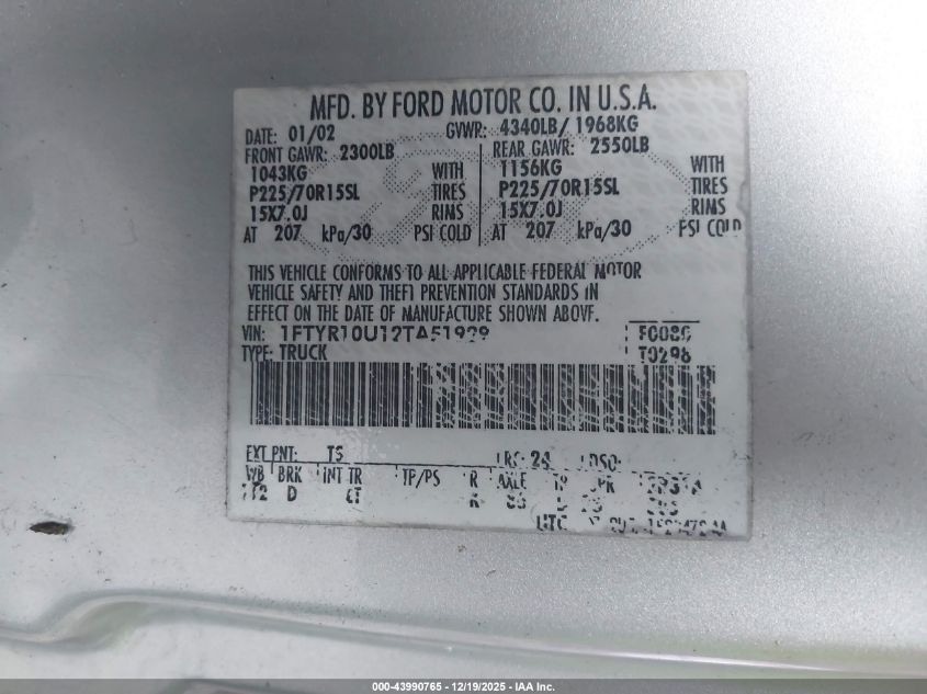 2002 Ford Ranger Edge/Xl/Xlt VIN: 1FTYR10U12TA51929 Lot: 43990765