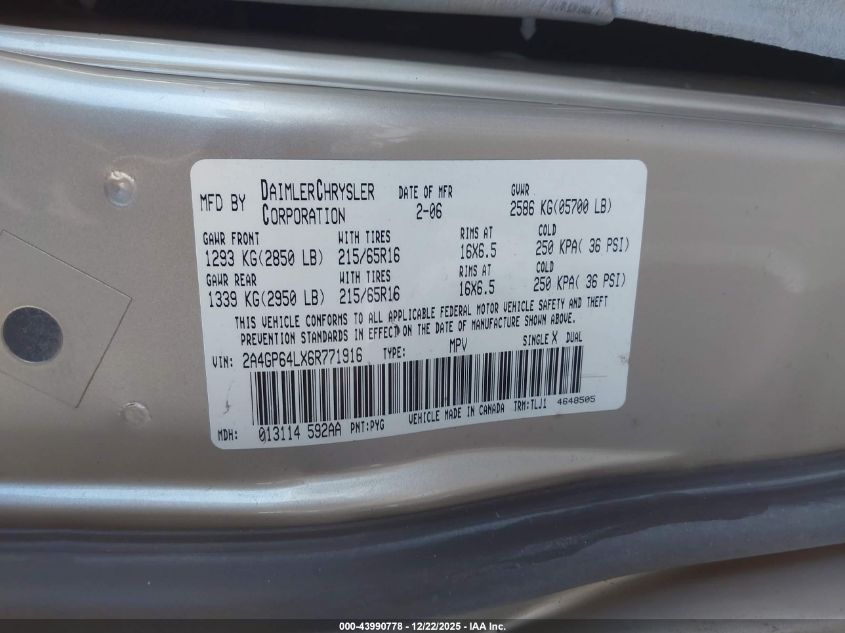 2006 Chrysler Town & Country Limited VIN: 2A4GP64LX6R771916 Lot: 43990778