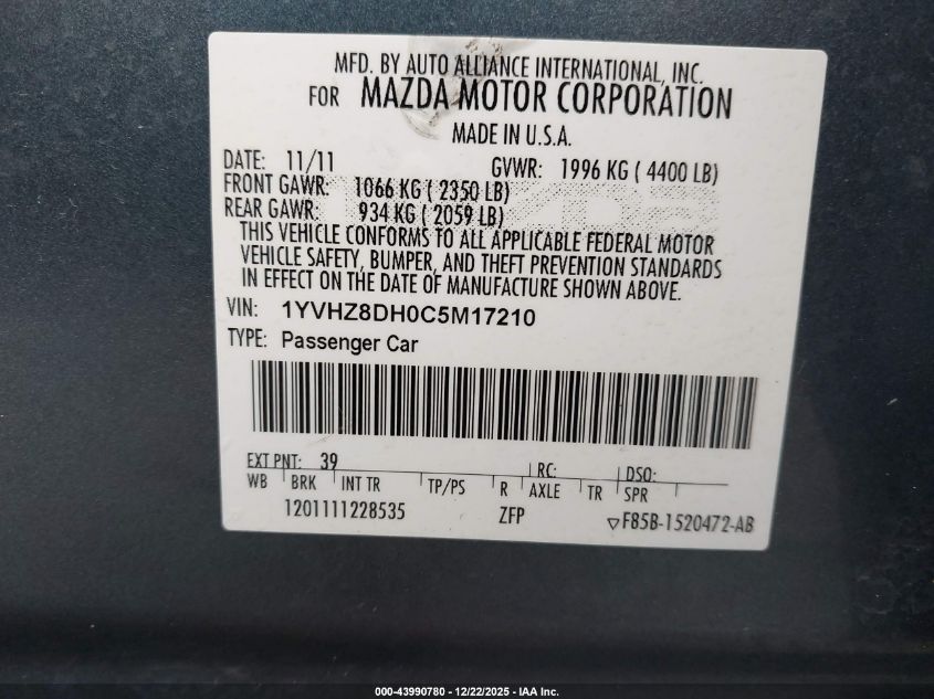 2012 Mazda Mazda6 I Touring VIN: 1YVHZ8DH0C5M17210 Lot: 43990780