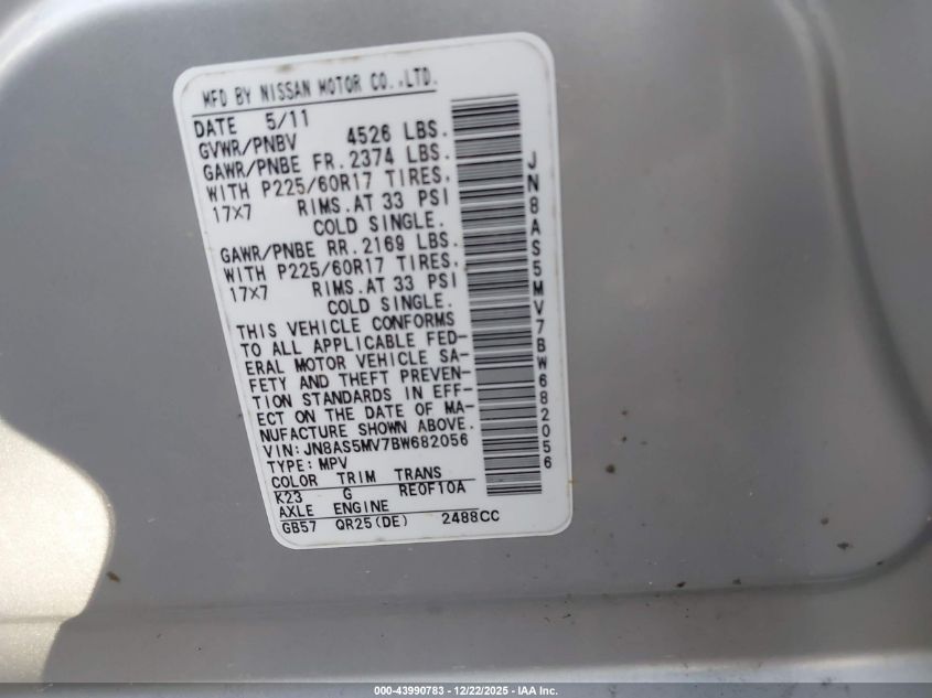 2011 Nissan Rogue Sv VIN: JN8AS5MV7BW682056 Lot: 43990783