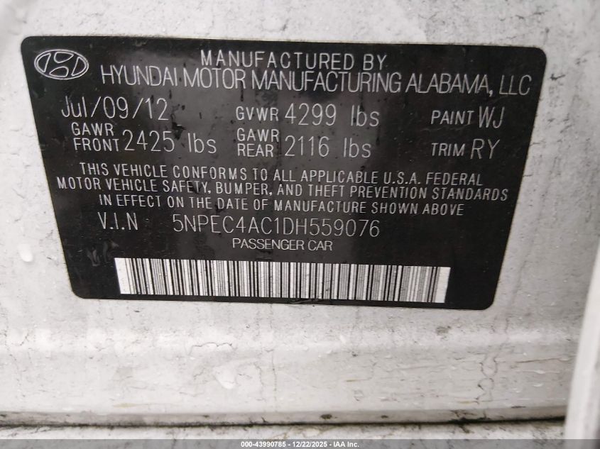 2013 Hyundai Sonata Limited VIN: 5NPEC4AC1DH559076 Lot: 43990785
