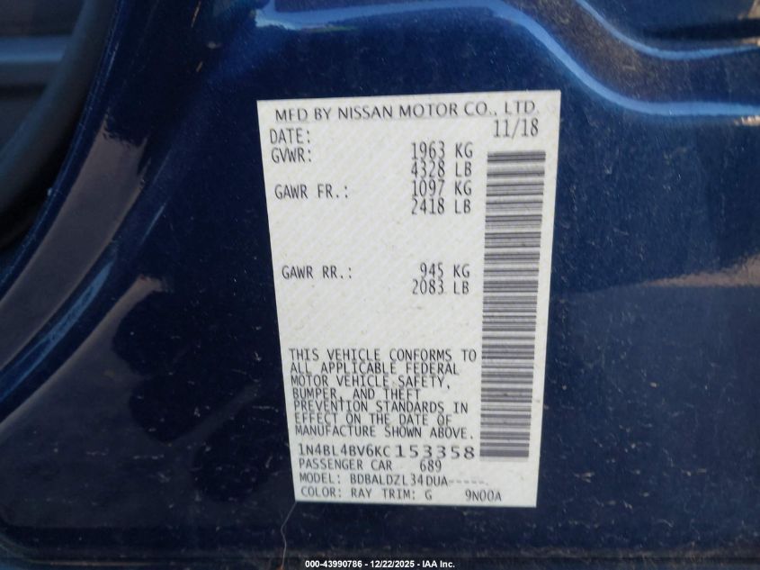 2019 Nissan Altima 2.5 S VIN: 1N4BL4BV6KC153358 Lot: 43990786