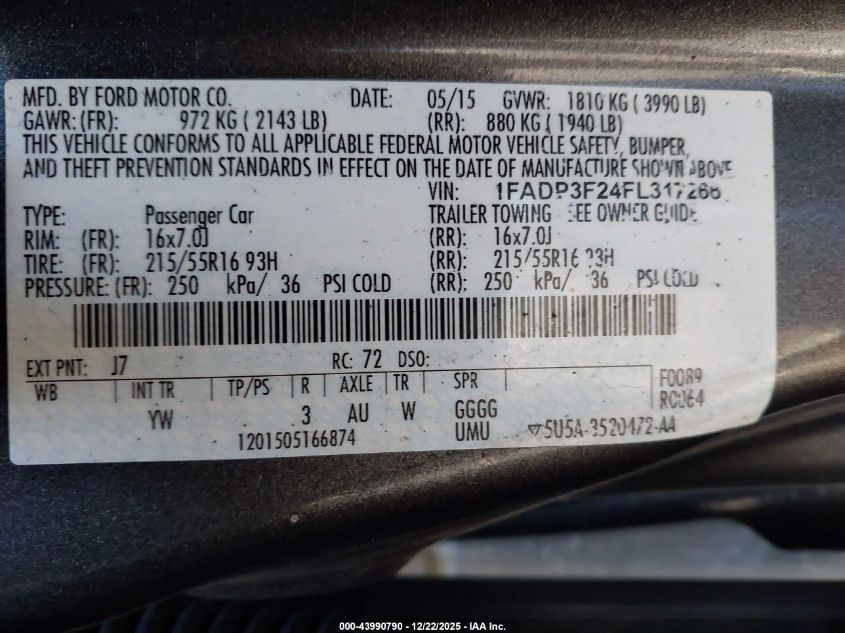 2015 Ford Focus Se VIN: 1FADP3F24FL317266 Lot: 43990790