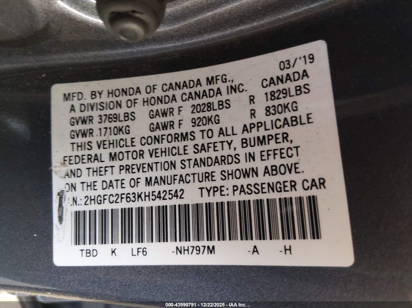 2019 Honda Civic Lx VIN: 2HGFC2F63KH542542 Lot: 43990791