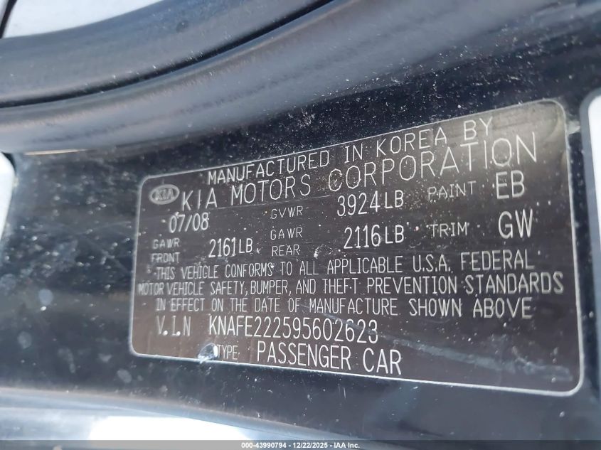 2009 Kia Spectra Lx VIN: KNAFE222595602623 Lot: 43990794