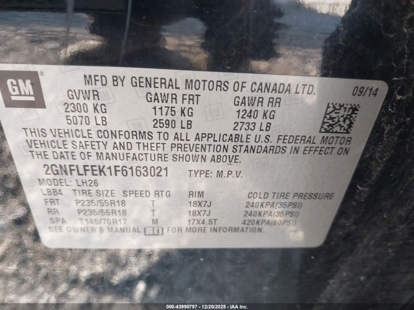 2015 Chevrolet Equinox 1Lt VIN: 2GNFLFEK1F6163021 Lot: 43990797