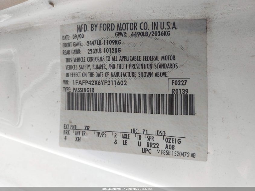 2000 Ford Mustang Gt VIN: 1FAFP42X6YF311602 Lot: 43990798