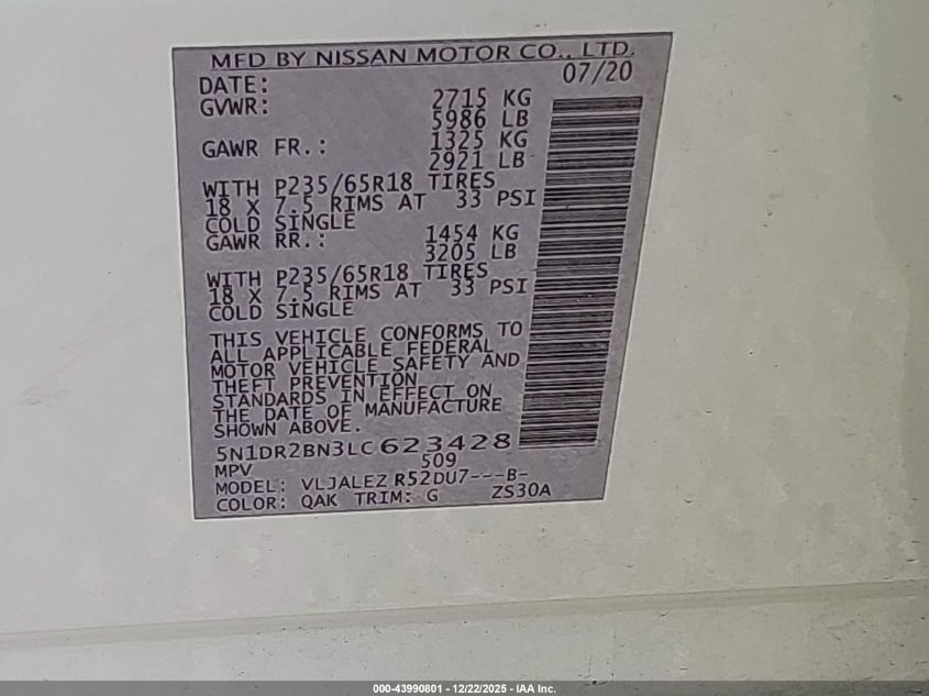 2020 Nissan Pathfinder Sv 2Wd VIN: 5N1DR2BN3LC623428 Lot: 43990801