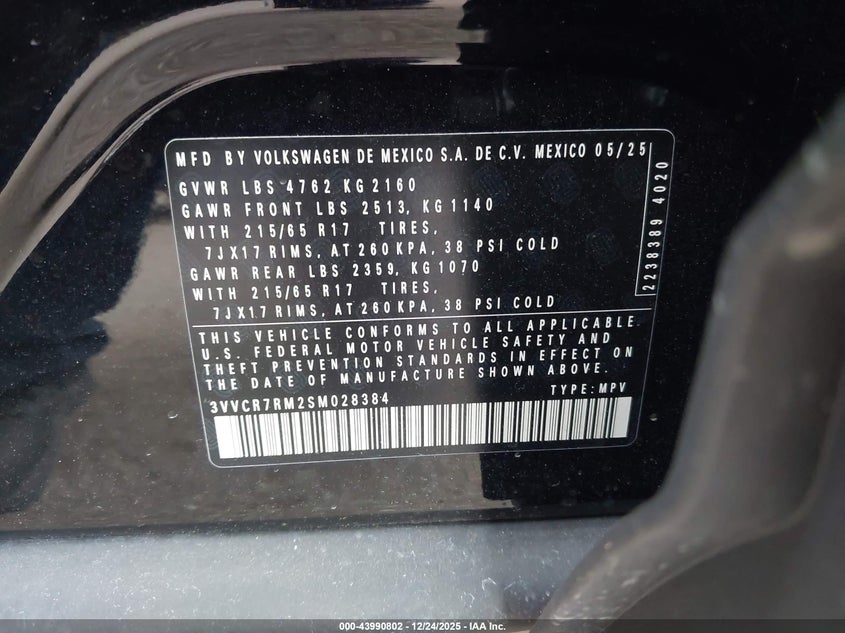2025 VOLKSWAGEN TIGUAN 2.0L I-4 DI, DOHC, V(VIN: 3VVCR7RM2SM028384