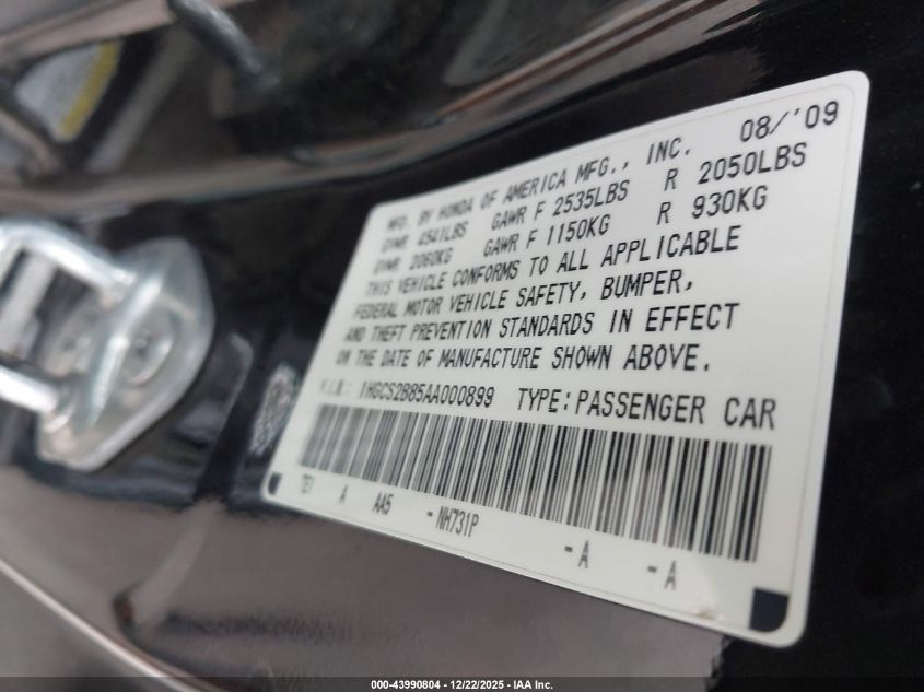 2010 Honda Accord 3.5 Ex-L VIN: 1HGCS2B85AA000899 Lot: 43990804