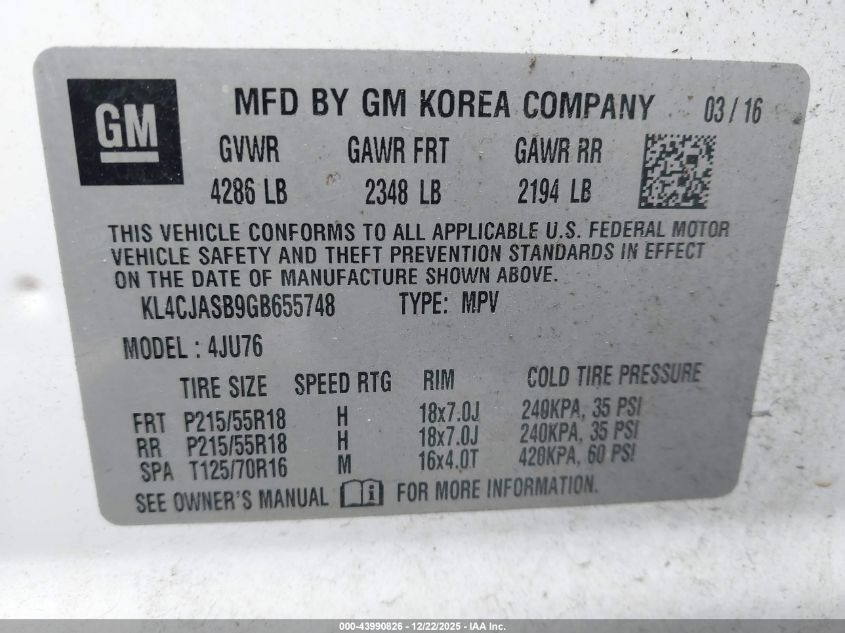 2016 Buick Encore VIN: KL4CJASB9GB655748 Lot: 43990826