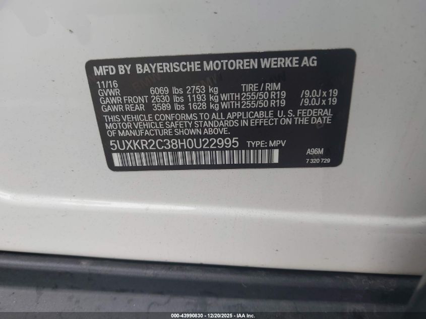 2017 BMW X5 Sdrive35I VIN: 5UXKR2C38H0U22995 Lot: 43990830